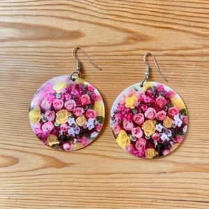 Vintage Rose Printed Shell Earrings Large Round Dangle Boho Pink Yellow